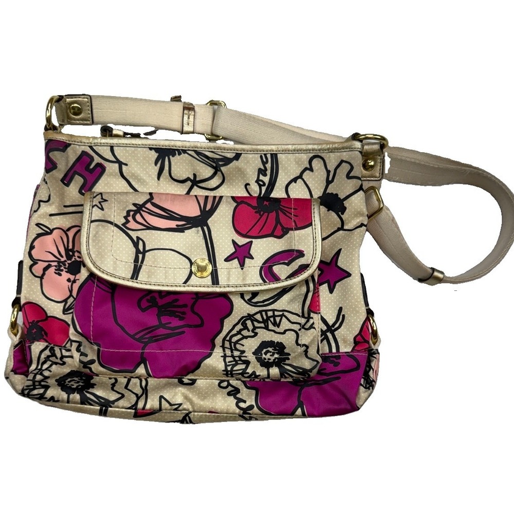Y2K Coach Pink Gold Poppy Kyra Crossbody Artistic Floral Graffiti Shoulder Bag